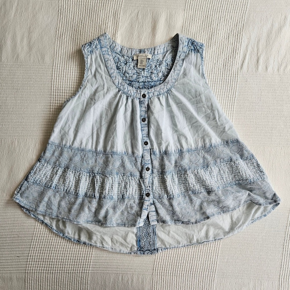Blue Denim Embroider Lace Tiered Sleeveless Cottagecore Lightweight Top Women S
